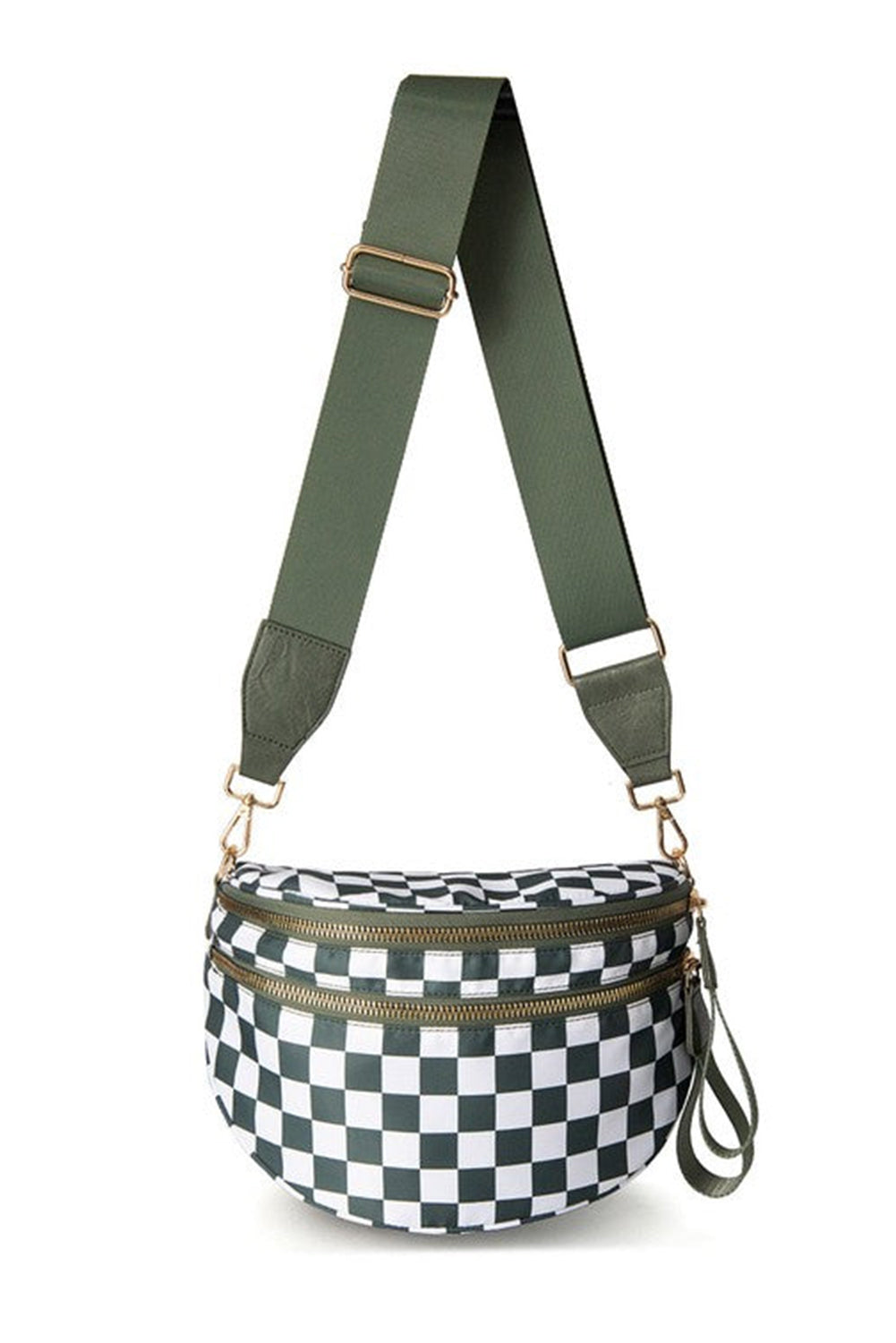 Bolsa grande feminina para ombro Shewin com estampa xadrez preta e branca e alça larga ajustável verde