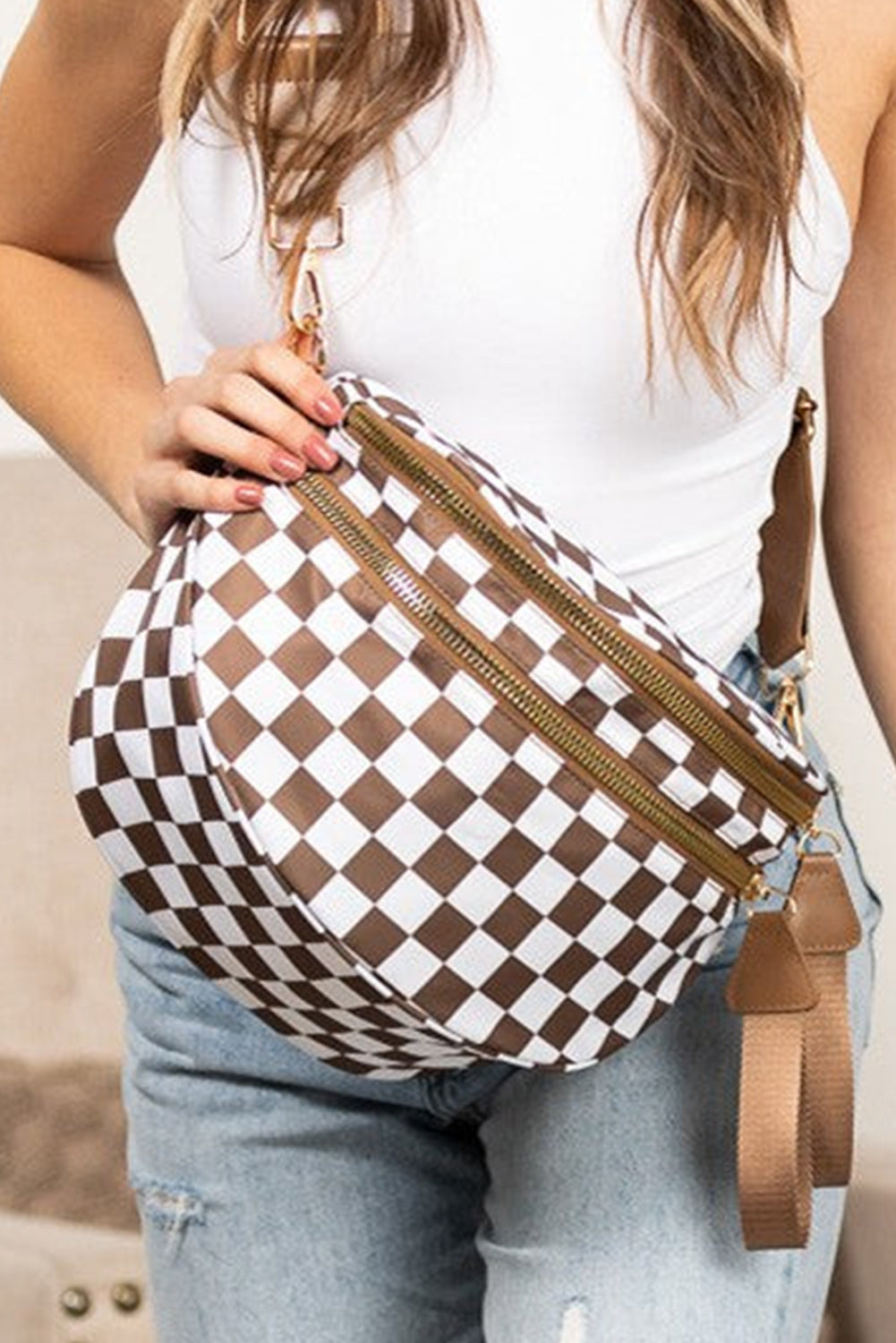 Bolsa grande feminina para ombro Shewin com estampa xadrez marrom e branco estilo crossbody