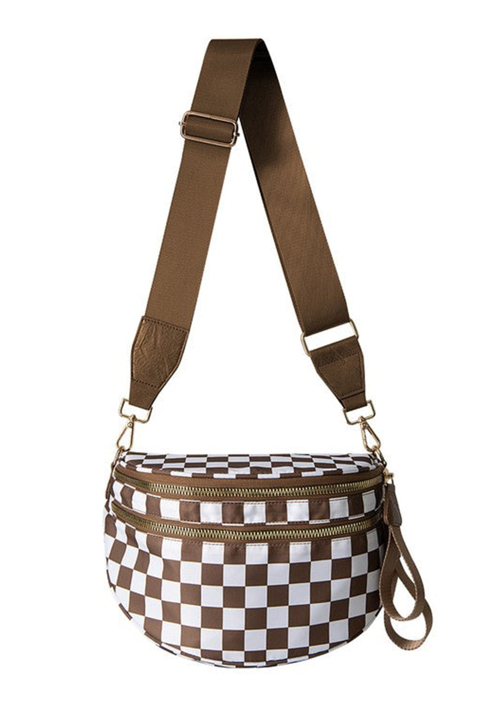 Bolsa grande feminina para ombro Shewin com estampa quadriculada marrom e branca e alça ajustável