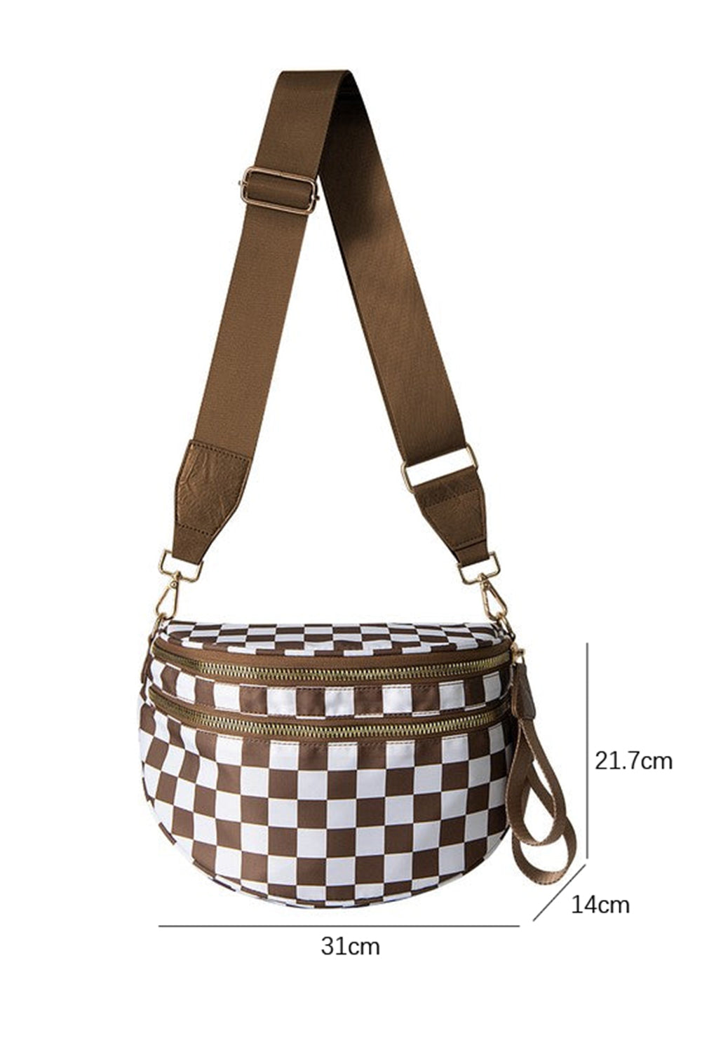 Bolsa grande feminina para ombro Shewin com estampa quadriculada marrom e branca e alça ajustável larga