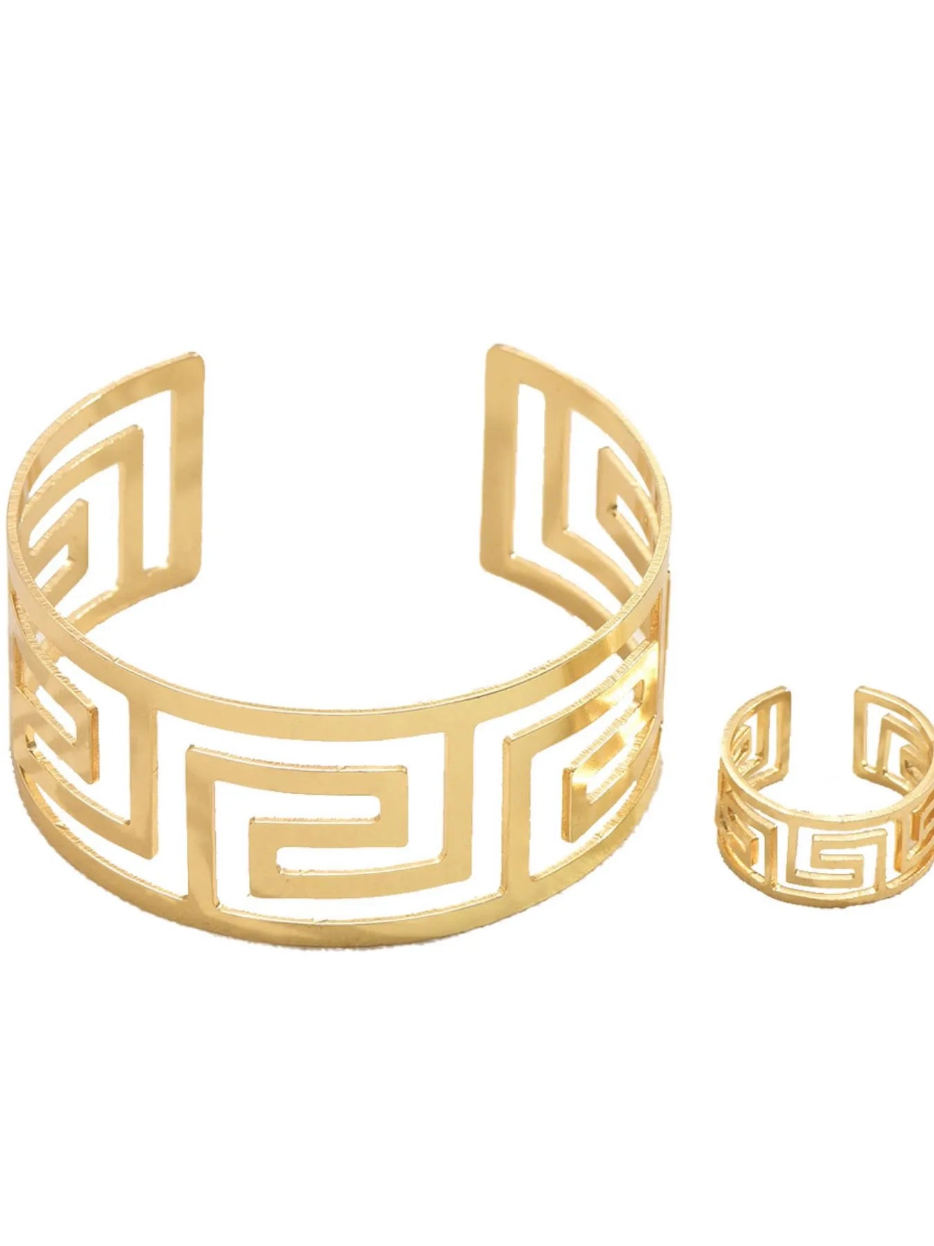 Conjunto de anel e pulseira estilo grego banhados a ouro da Trendsi com design elegante e detalhado