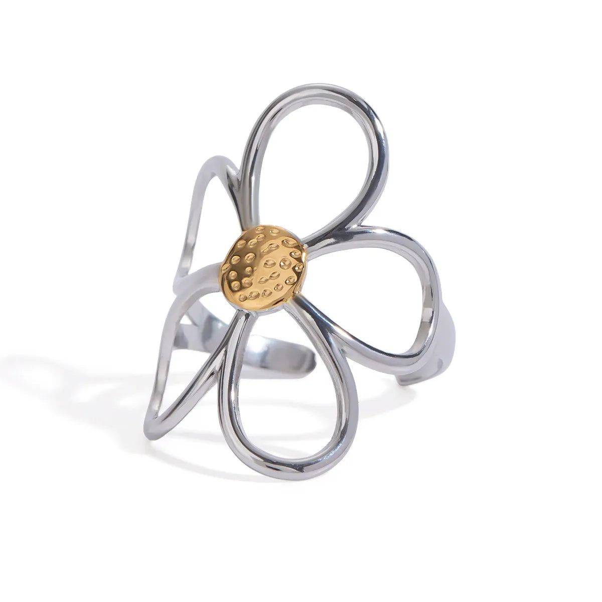 Anel margarida bicolor prateado com centro dourado em formato de flor elegante