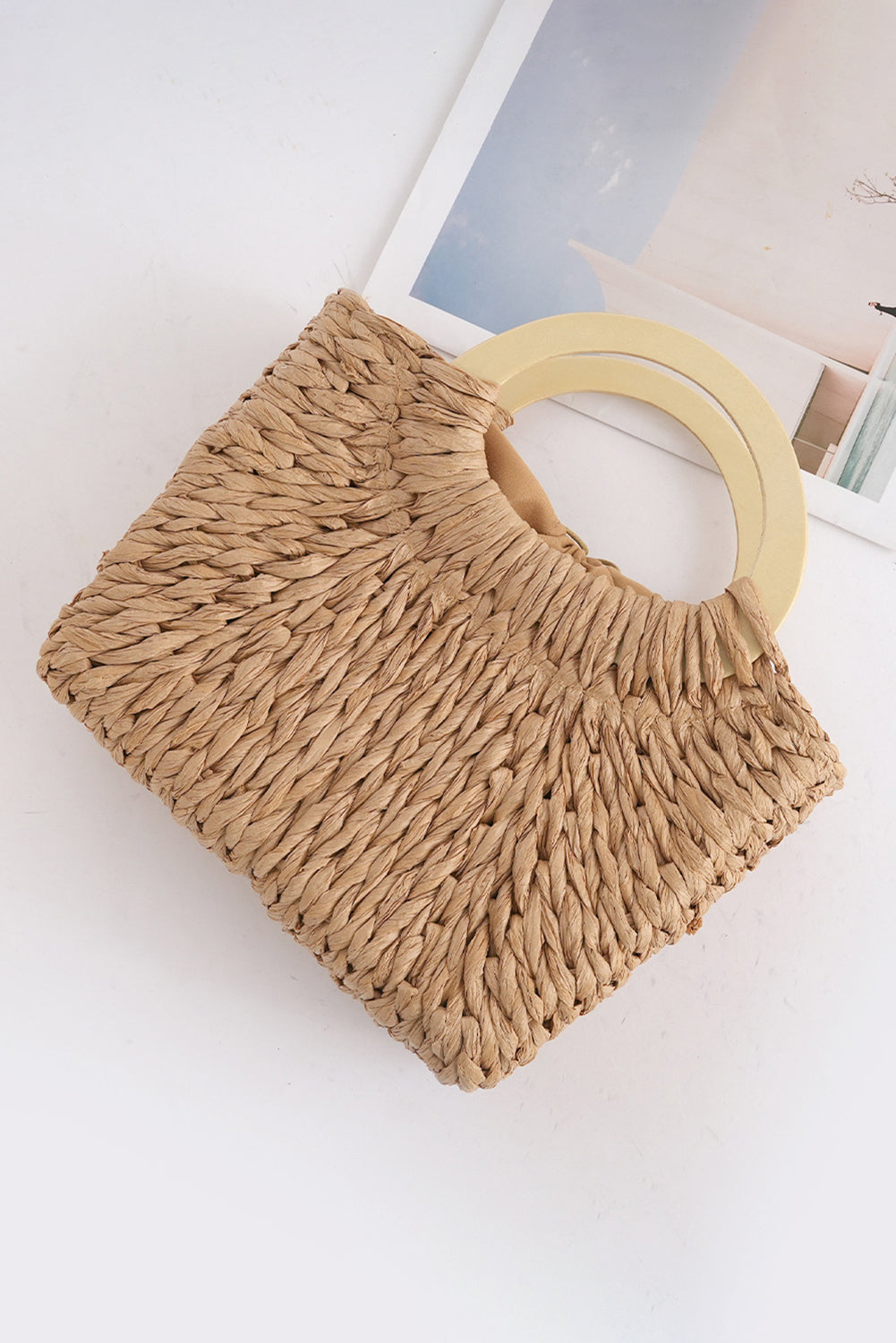 Bolsa de praia estilo vintage Shewin em material trançado com alças redondas bege