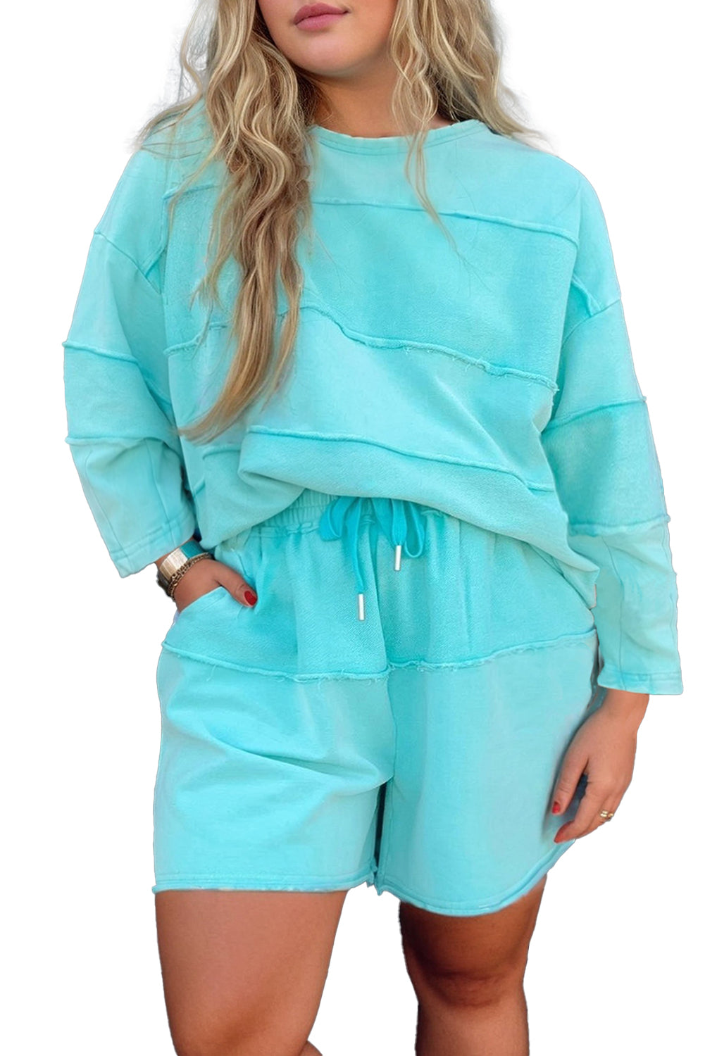 Conjunto plus size azul feminino Shewin com blusa de manga longa e shorts confortáveis