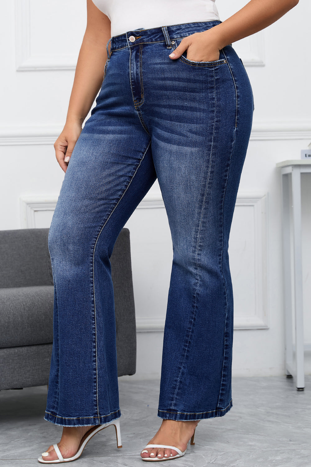 Jeans lavada plus size feminino com cintura alta e modelagem flare da Dear-Lover Dropshipping