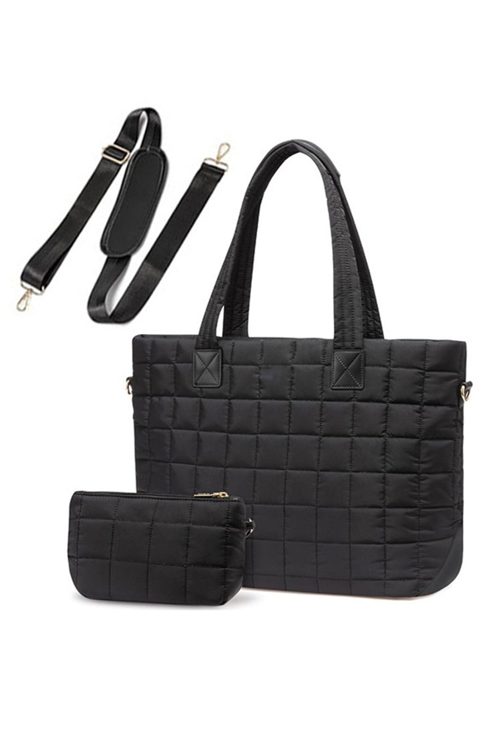 Kit bolsas femininas retalhos preta Shewin com bolsa tote, bolsa pequena e alça ajustável