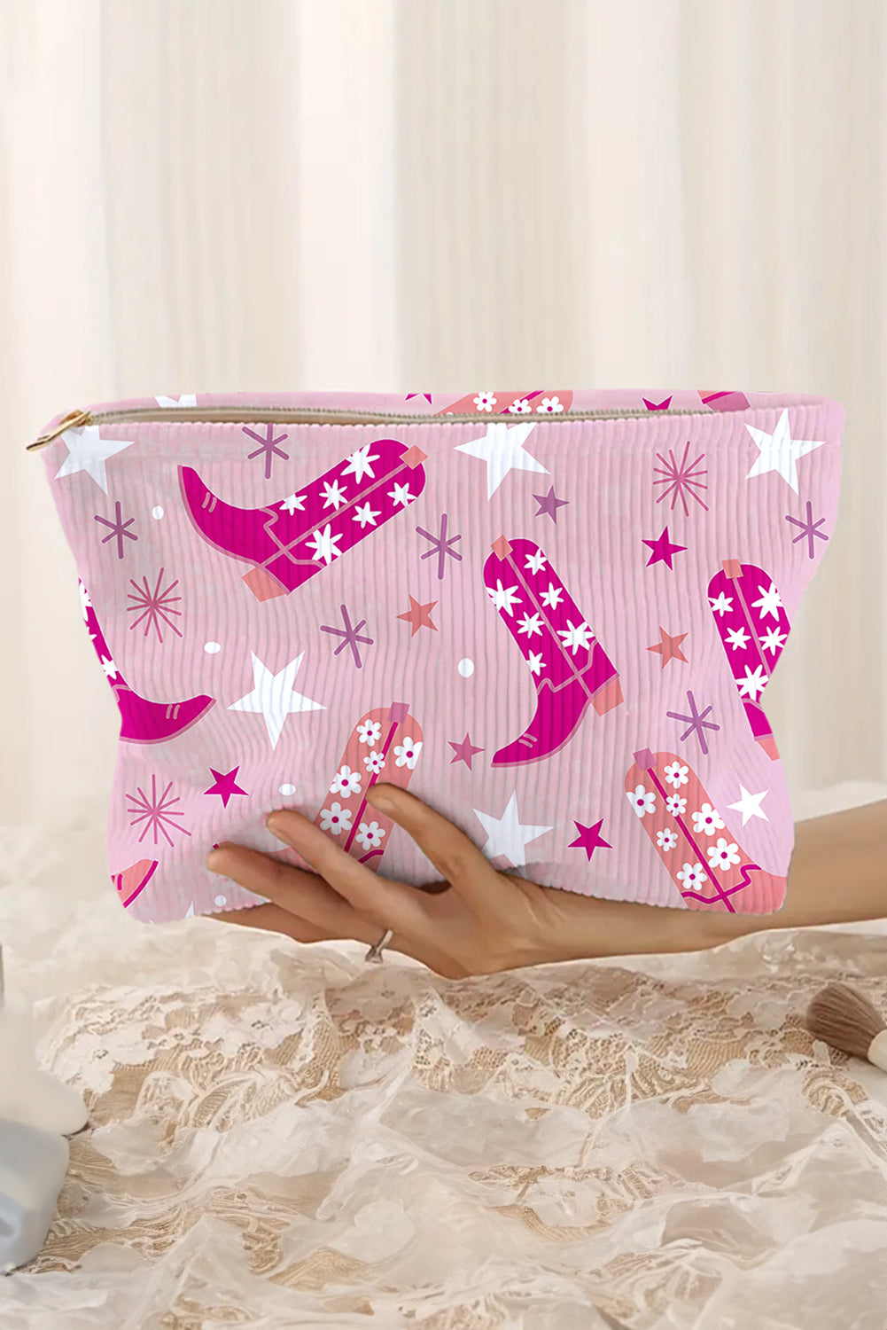 Bolsa de maquiagem rosa cowboy com estampa de botas e estrelas da Shewin