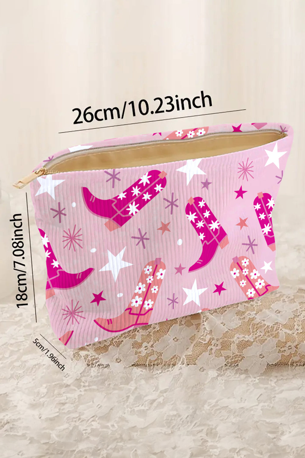 Bolsa de maquiagem rosa cowboy Shewin com estampa de botas e estrelas em tecido resistente