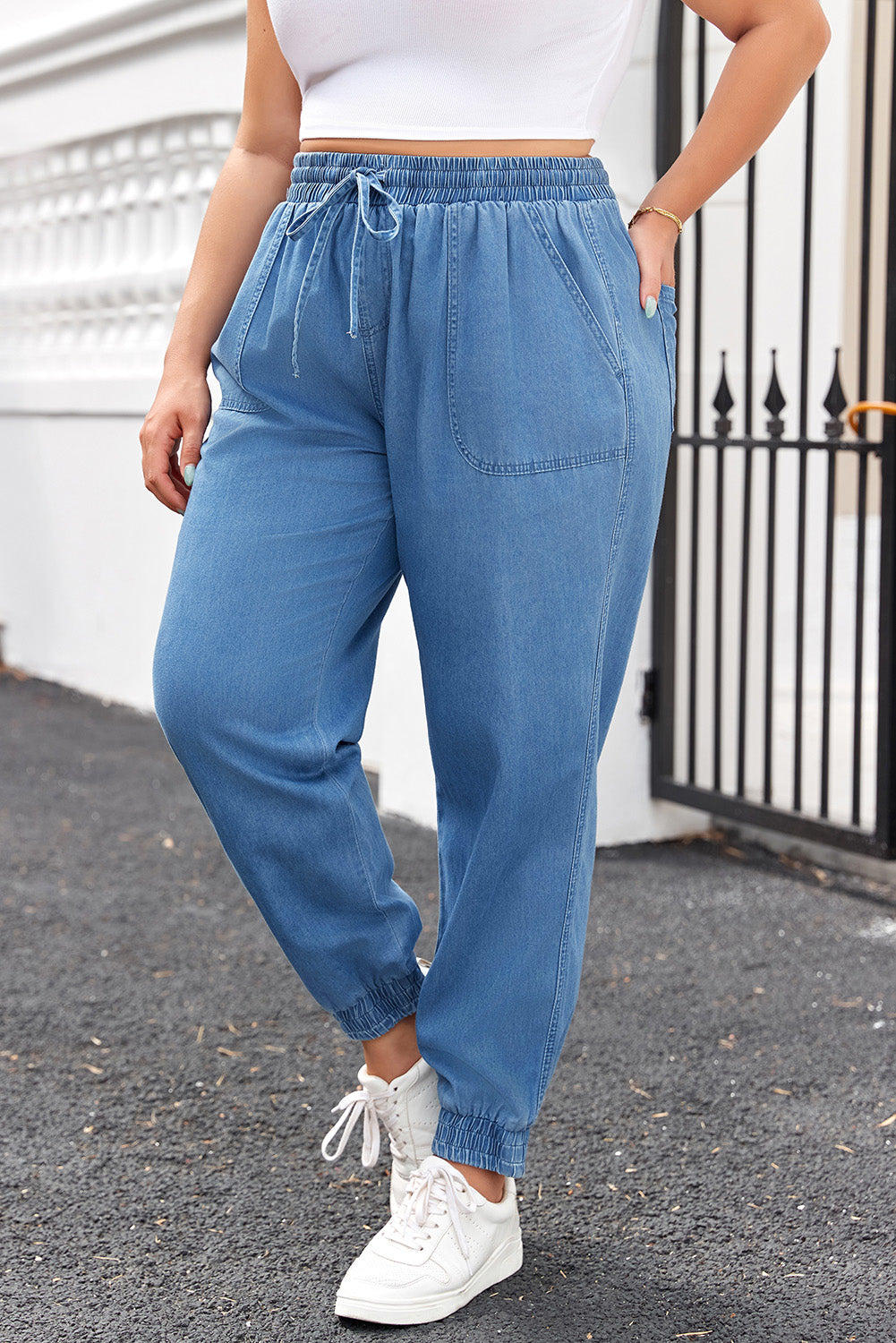 Jeans jogger plus size azul claro com cintura elástica e cordão ajustável da Dear-Lover Dropshipping