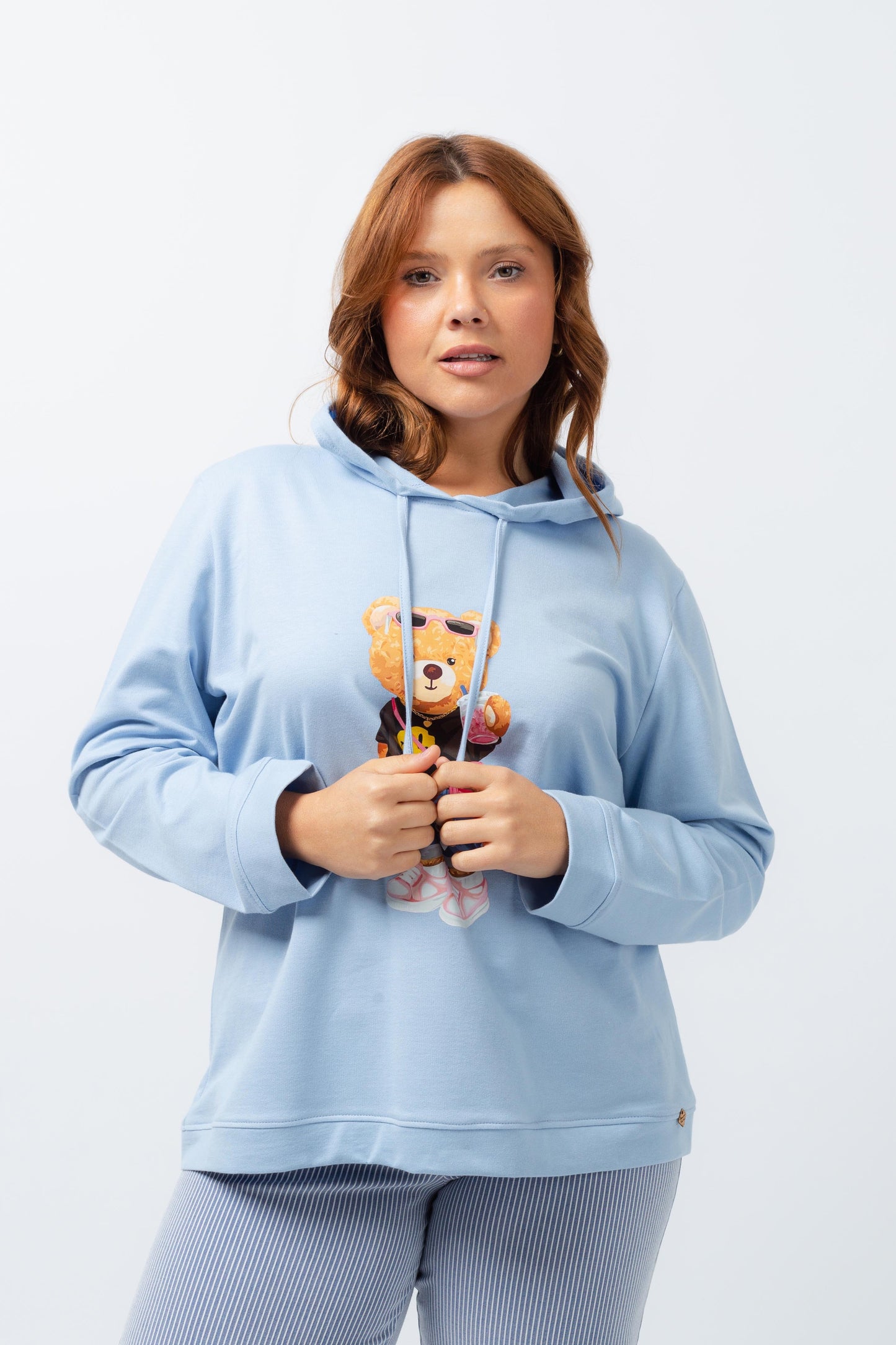 Moletom azul claro com estampa de ursinho sweat casual conforto tamanho grande para mulheres