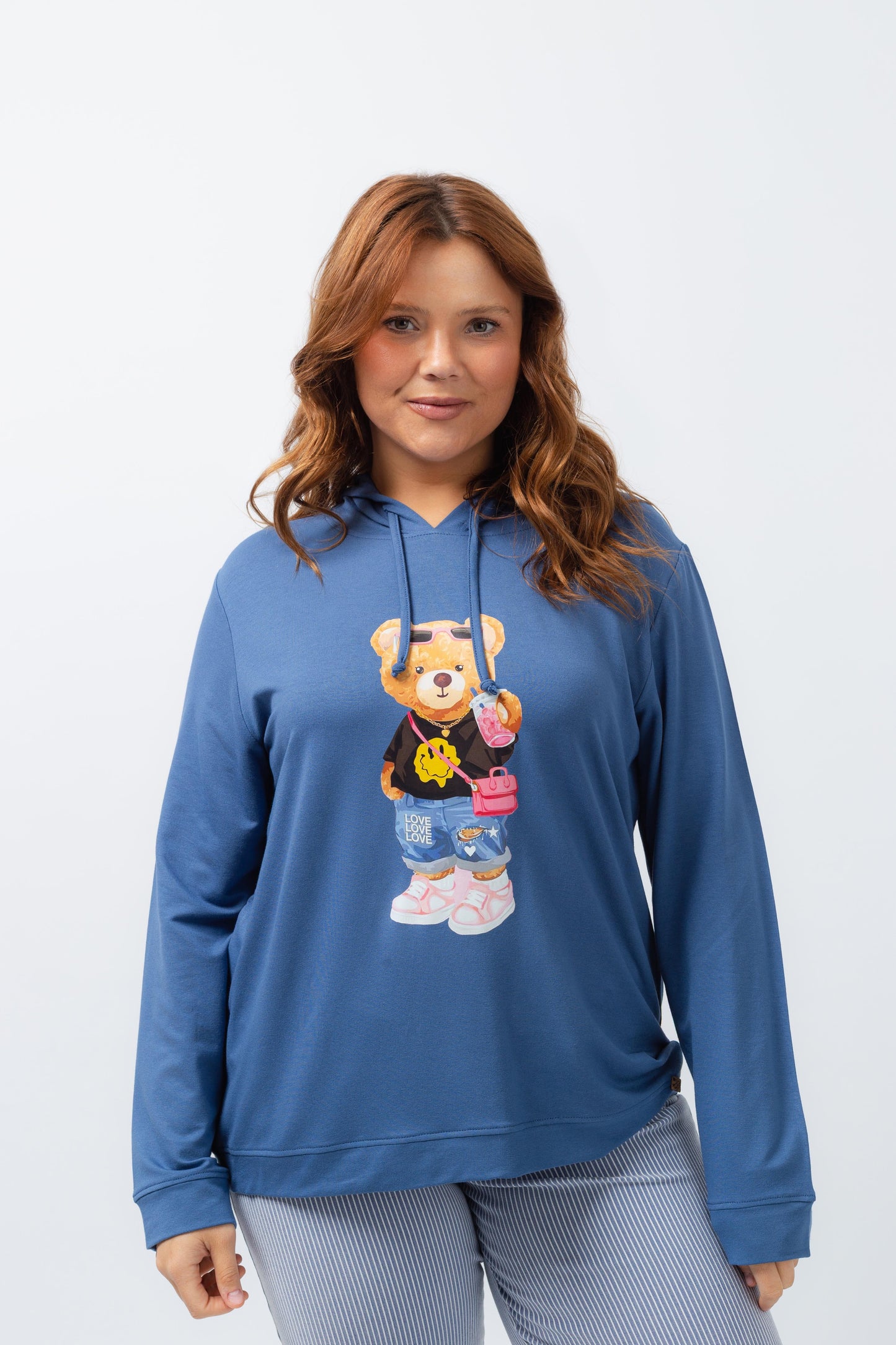Moletom azul Curvy com estampa de ursinho, sweat casual conforto tamanho grande para uso diário