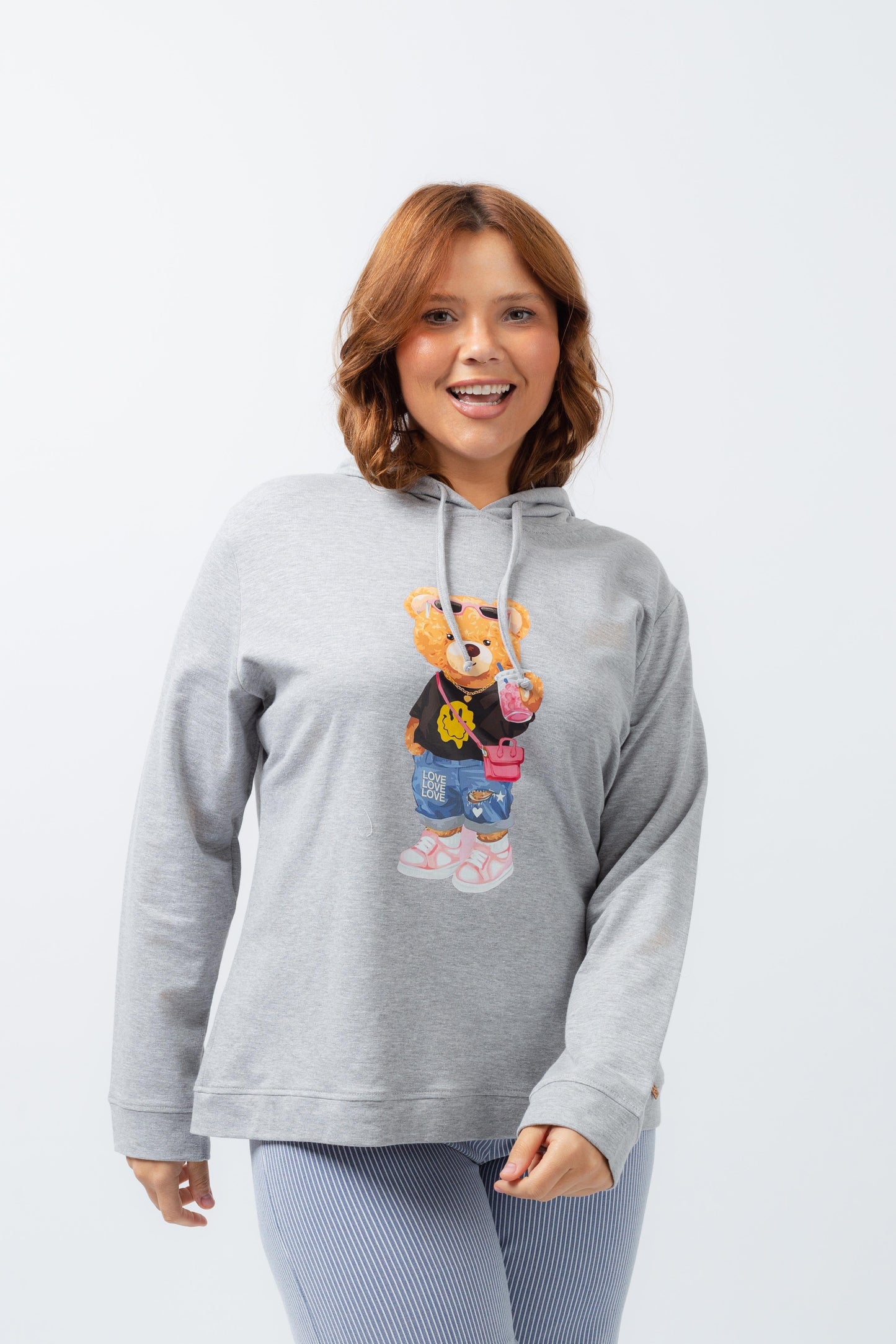 Sweat casual conforto tamanho grande cinza com estampa de urso e capuz confortável