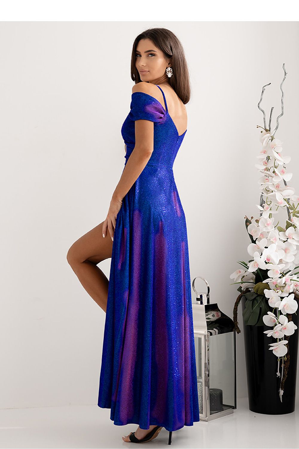 Vestido longo festa feminino azul brilhante com fenda e alças finas