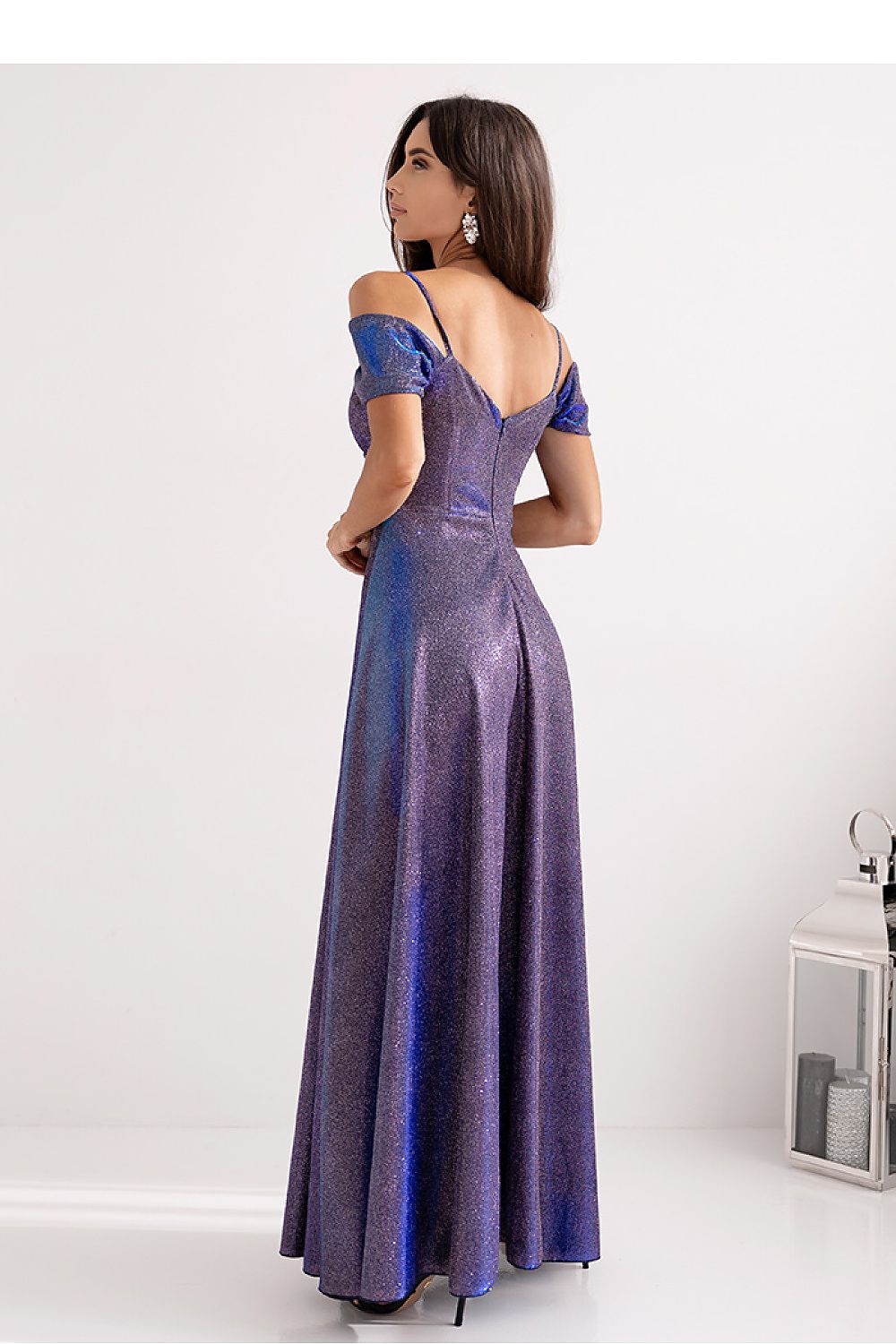 Vestido longo festa feminino roxo brilhante com alças finas ombro a ombro