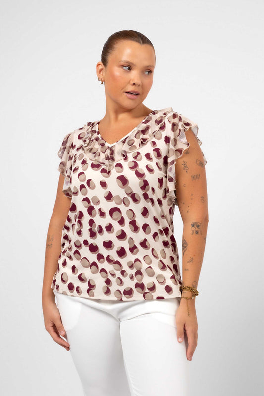 Blusa estampada tamanho grande Curvy com babados e estampa circular em tons de vinho e bege