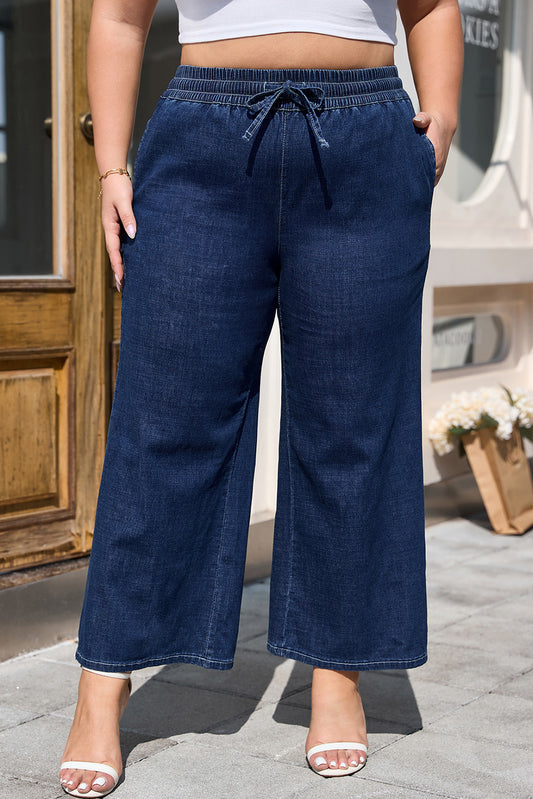 Jeans feminino pernas largas plus size em azul escuro com cós elástico e cordão da Dear-Lover Dropshipping