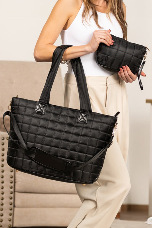 Kit bolsas femininas retalhos preta Shewin com bolsa tote grande e bolsinha pequena para uso diário