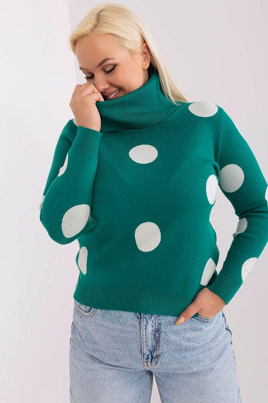 Sweater plus size feminino verde com bolinhas brancas e gola alta confortável
